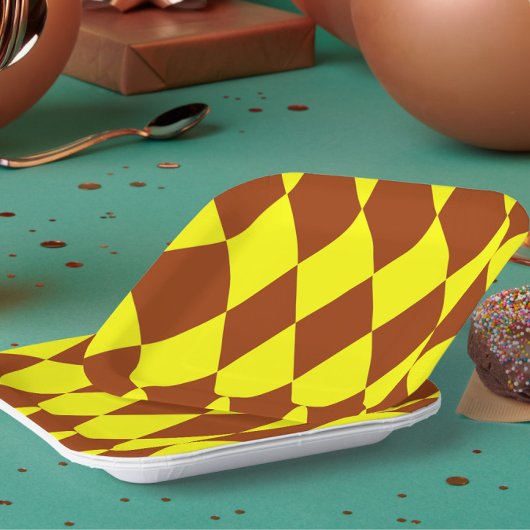 Bruin Geel Harlekijn Geruit Ontwerp Papieren Bordje