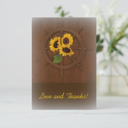 Bruin geel rustieke zonnebloemen bruiloft dank u bedankkaart (Staand voorkant)