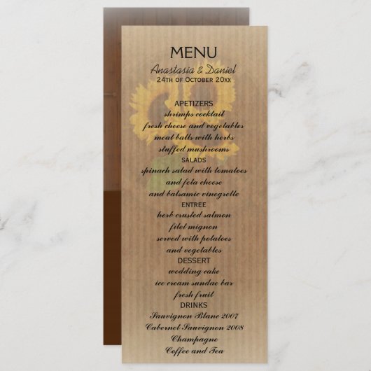 Bruin geel rustieke zonnebloemen trouwkaart menu (Voorkant / Achterkant)