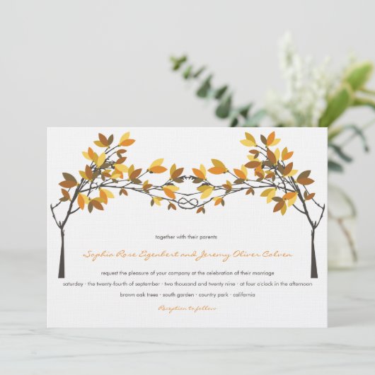 Bruin geknoopte Liefdesbomen Herfst Herfstbruiloft Kaart (Staand voorkant)