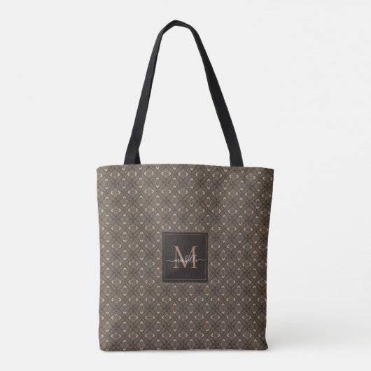 Bruin Geometrisch Batikpatroon Monogram Tote Bag (Achterkant)