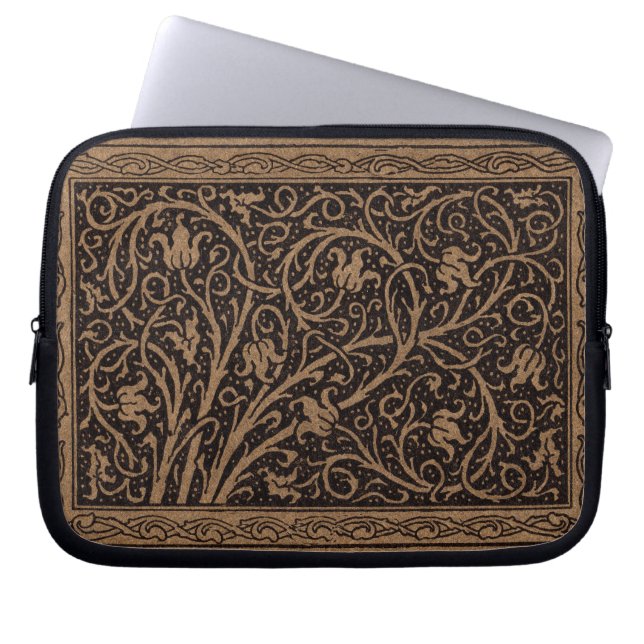 Bruin Gereedschap Lederen Art Nouveau Bloemen Laptop Sleeve (Voorkant)