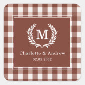 Bruin Gingham Monogram Wapenschild Maatwerk Vierkante Sticker (Voorkant)