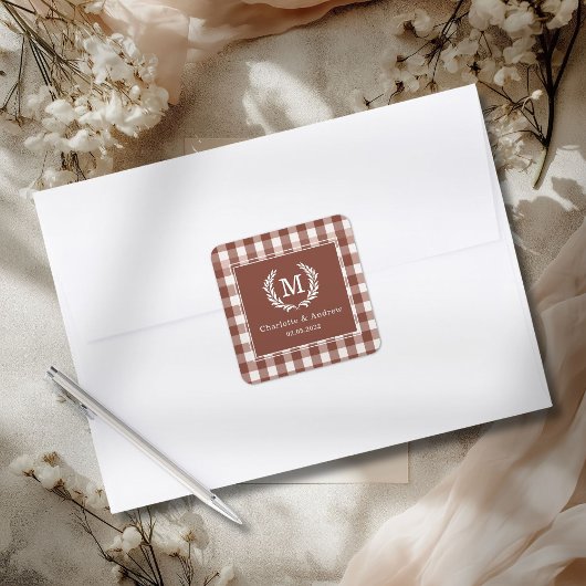 Bruin Gingham Monogram Wapenschild Maatwerk Vierkante Sticker