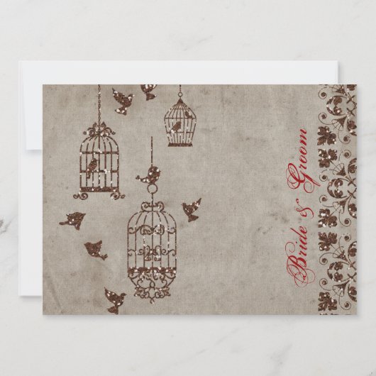 Bruin Glitter Birds Old Paper Weduwen Invitation Kaart (Achterkant)