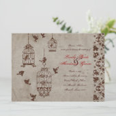 Bruin Glitter Birds Old Paper Weduwen Invitation Kaart (Staand voorkant)