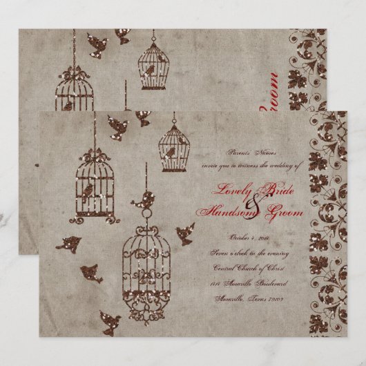 Bruin Glitter Birds Old Paper Weduwen Invitation Kaart (Voorkant / Achterkant)