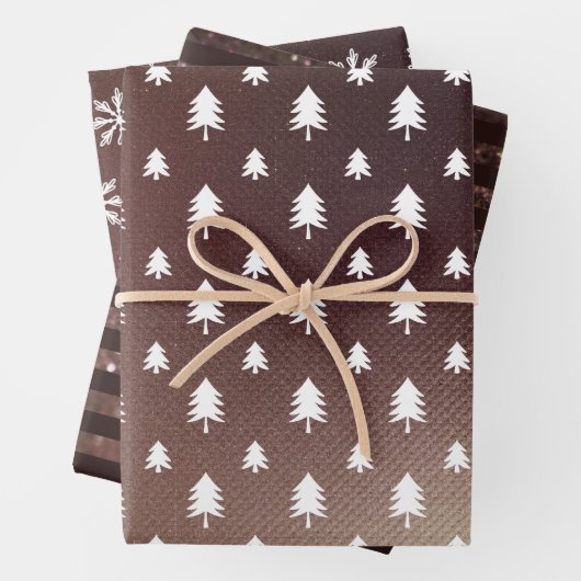 Bruin glitter Modern Festive Tree & Snowflake Inpakpapier Vel (In situ)