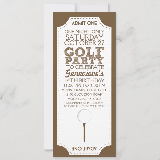 Bruin Golf Ticket Golf Birthday Party Invitation Kaart (Voorkant)