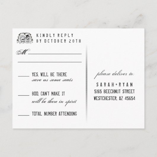 Bruin Gotische Halloween Skeletten Matching RSVP Uitnodiging Briefkaart (Achterkant)