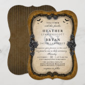 Bruin Gotische Rozen & Vleermuizen Halloween Huwel Kaart (Voorkant / Achterkant)