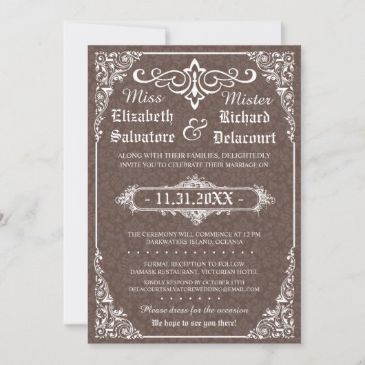 Bruin Gotische Victoriaans Damask Wedding Invites Kaart (Voorkant)