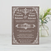 Bruin Gotische Victoriaans Damask Wedding Invites Kaart (Staand voorkant)