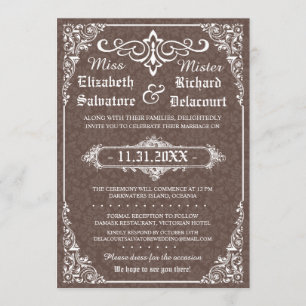 Bruin Gotische Victoriaans Damask Wedding Invites Kaart