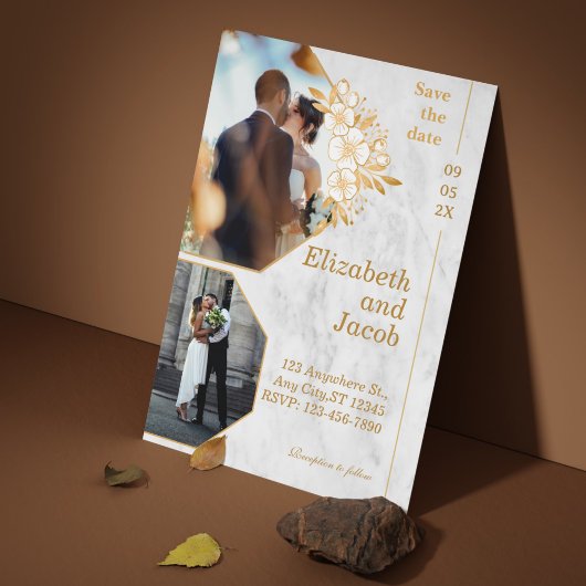 Bruin Goud Bloemen Foto Bewaar de datum uitnodigin Save The Date