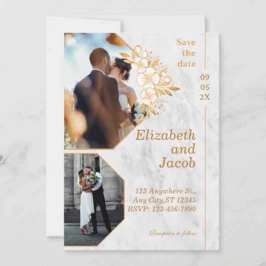 Bruin Goud Bloemen Foto Bewaar de datum uitnodigin Save The Date (Voorkant)