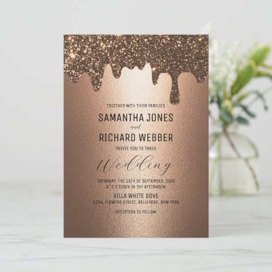 Bruin Goud Dripping Glitter Metallic Shine Bruilof Kaart (Staand voorkant)