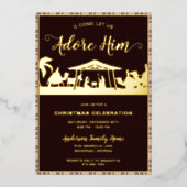 Bruin & Goud Geboorte Religieus Kerstfeest Folie Uitnodiging (Voorkant)