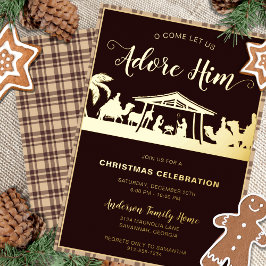 Bruin & Goud Geboorte Religieus Kerstfeest Folie Uitnodiging