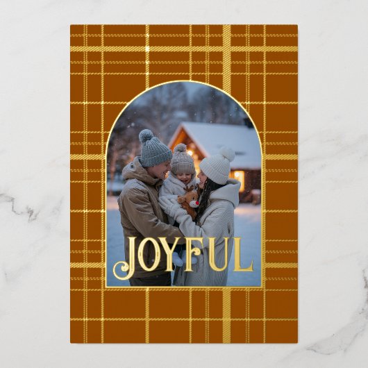 Bruin & Goud Gingham Kerstvakantie Foto Folie Feestdagenkaart (Voorkant)