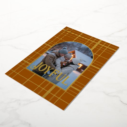 Bruin & Goud Gingham Kerstvakantie Foto Folie Feestdagenkaart (Gedraaid)