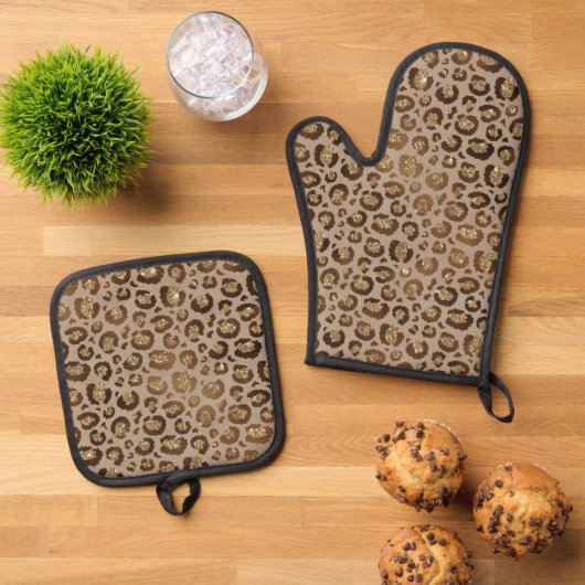 Bruin Goud Glitter Leopard Print Ovenwant & Pannenlap Set (Top down)
