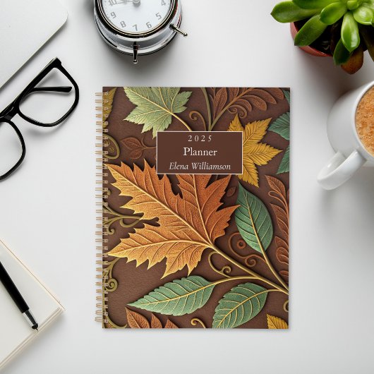 Bruin, Goud & Groen Gebosseerde Herfstbladeren Planner