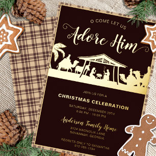 Bruin & Goud Kerststal Religieus Kerstfeest Folie Uitnodiging