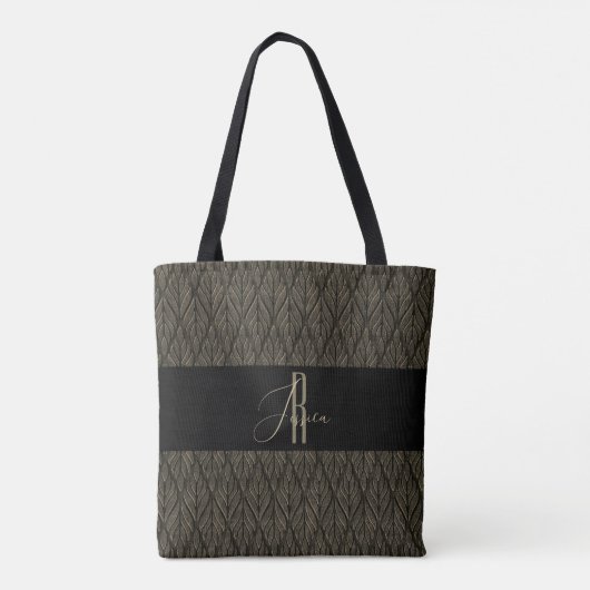 Bruin goud Laat lederen patroon & monogram achter Tote Bag (Achterkant)