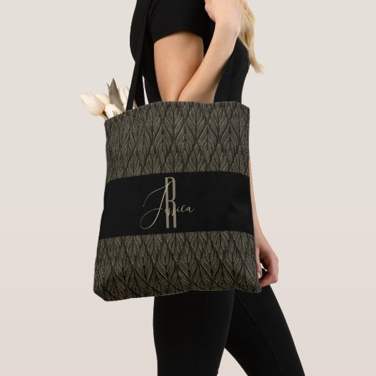 Bruin goud Laat lederen patroon & monogram achter Tote Bag (Dichtbij)