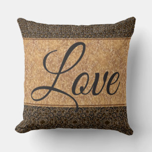 Bruin/Goud Luxe Kussen met "Love" Gezegde.