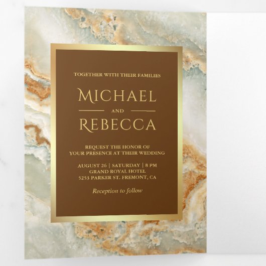 Bruin Goud Marmer Faux Gouden Folie Foto Bruiloft Drieluik Uitnodiging (Binnenzijde eerst)