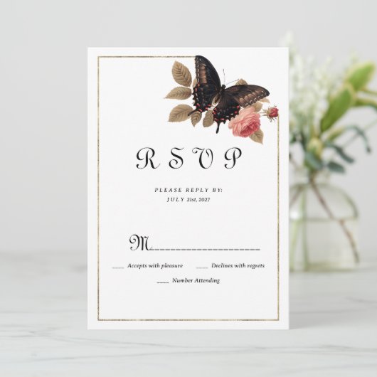  bruin goud roze vlinder bloemig RSVP Kaart (Staand voorkant)