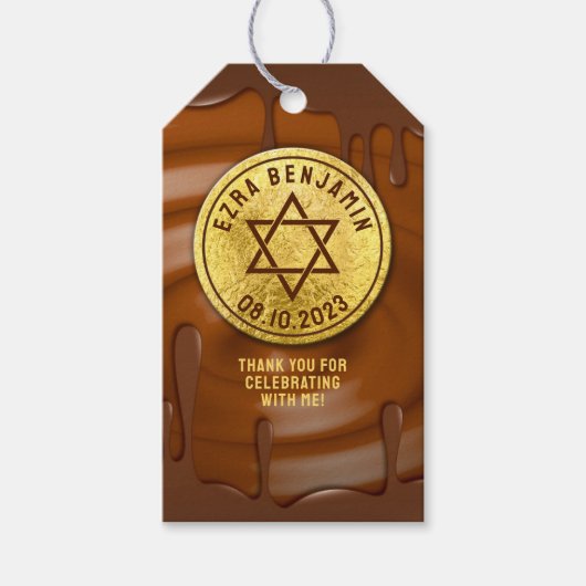 Bruin Gouden Chocolade Bar Mitzvah of Bat Mitzvah Cadeaulabel (Voorkant)