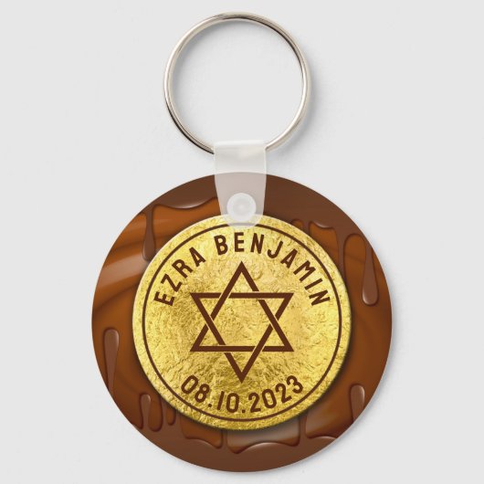 Bruin Gouden Chocolade Bar Mitzvah of Bat Mitzvah Sleutelhanger (Voorkant)