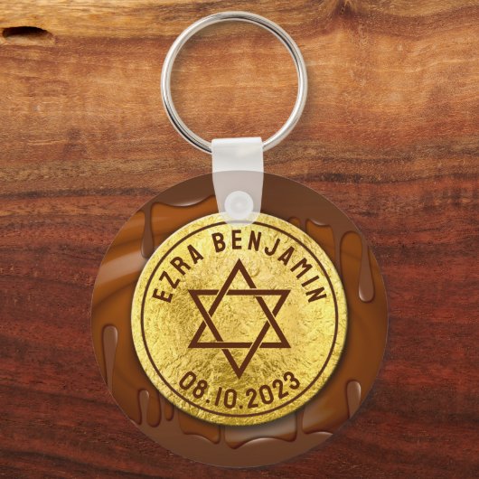 Bruin Gouden Chocolade Bar Mitzvah of Bat Mitzvah Sleutelhanger (Achterkant)