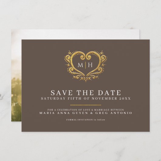 Bruin gouden hart foto bruiloft save the date (Voorkant / Achterkant)