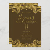 Bruin & Gouden Kant Elegant Quinceañera Feest Kaart (Voorkant / Achterkant)