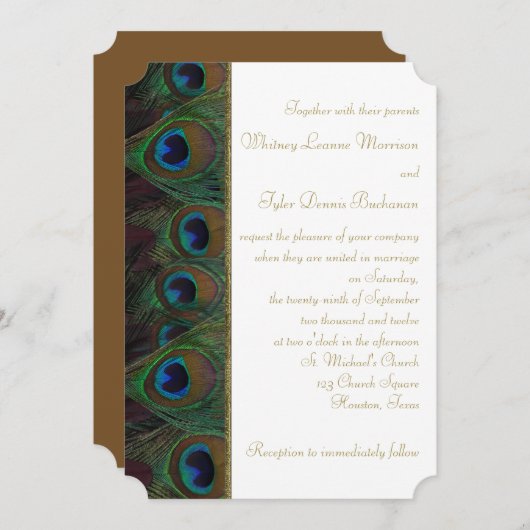 Bruin, Gouden Peacock Veren Bruiloft Uitnodiging (Voorkant / Achterkant)