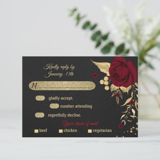 bruin goudfloraal zwarte maaltijd keuze RSVP-kaart RSVP Kaartje (Staand voorkant)