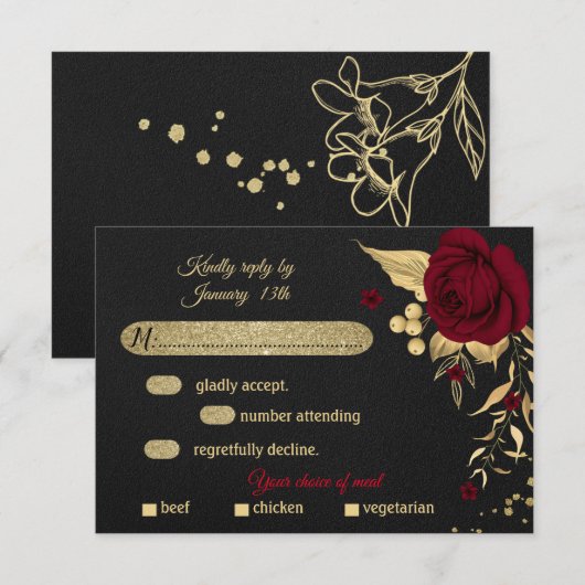 bruin goudfloraal zwarte maaltijd keuze RSVP-kaart RSVP Kaartje (Voorkant / Achterkant)
