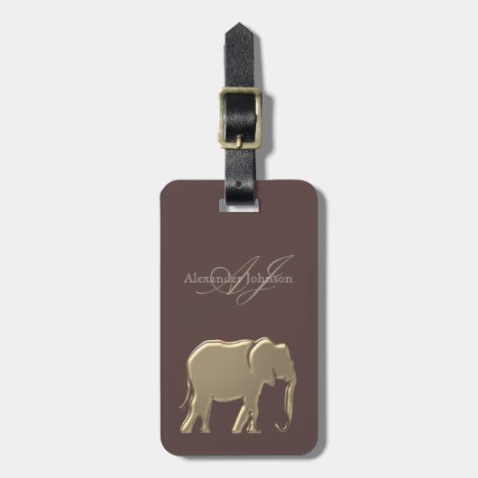 Bruin graniet en goudfolie olifant monogram bagagelabel (Voorkant verticaal)