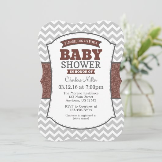 Bruin Gray Chevron Baby shower Kaart (Staand voorkant)