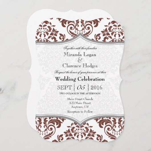 Bruin grijs Damask Bracket Wedding Invite Kaart (Voorkant / Achterkant)