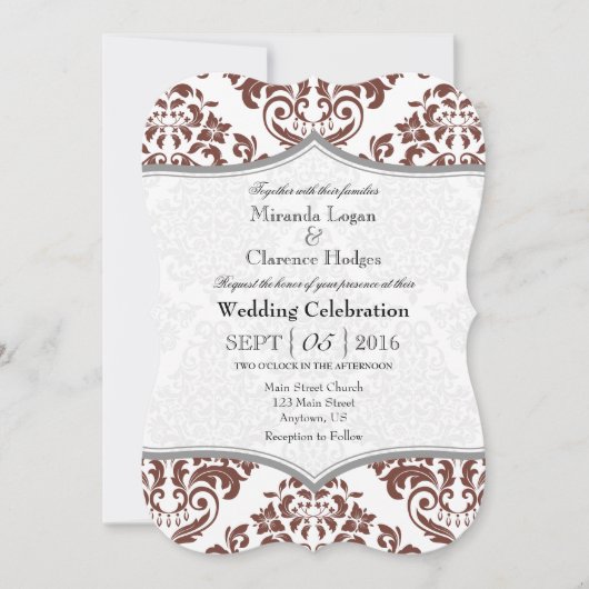 Bruin grijs Damask Bracket Wedding Invite Kaart (Voorkant)