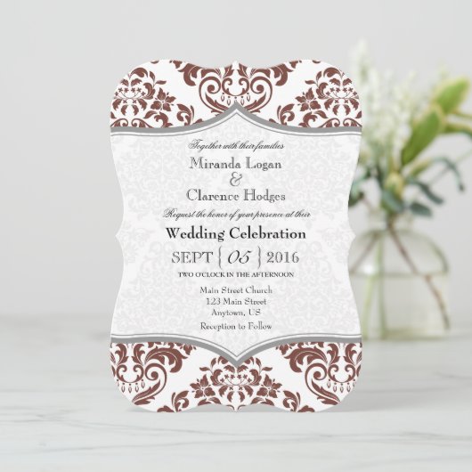 Bruin grijs Damask Bracket Wedding Invite Kaart (Staand voorkant)