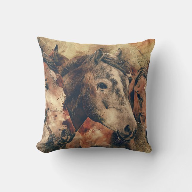 Bruin Grijs Paard Schilderen Kussen (Voorkant)