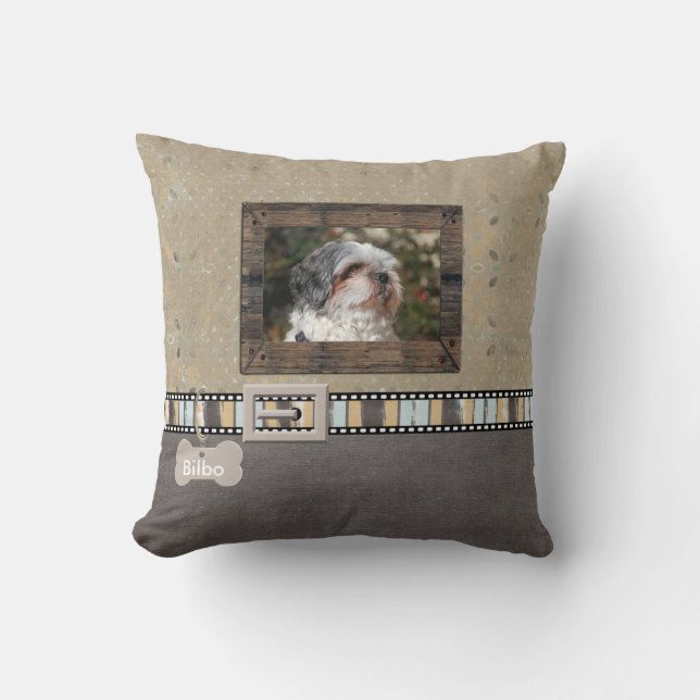 Bruin grijs plaatje Foto Striped Collar Name sjabl Kussen (Voorkant)