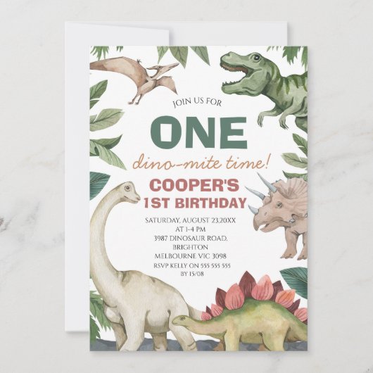 Bruin groen gebladerte dinosaurus verjaardag kaart (Voorkant)