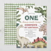 Bruin groen gebladerte dinosaurus verjaardag kaart (Voorkant / Achterkant)